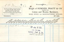 1894 Sumner Pratt & Co Textile Mill Supply Invoice Worcester Massachusetts