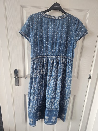 Vintage East with Anokhi Indian Blue Indian Hand Block Printed Dress Size 8 - Picture 6 of 12
