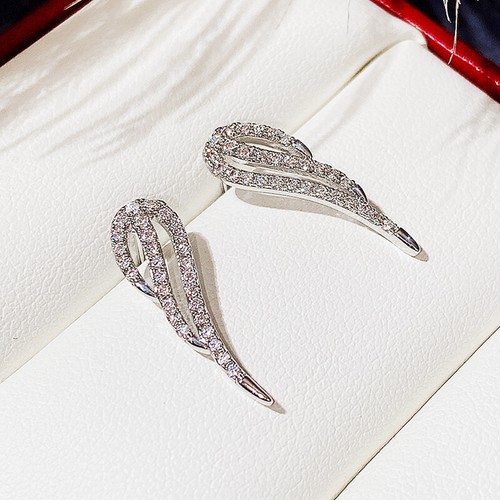 Women Cubic Zircon Wedding Stud Earring Adorable 925 Silver Feather Jewelry - Picture 4 of 7
