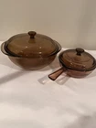 Vtg Pyrex 024 2L Amber Brown Glass Bowl Casserole Dish & .5L Skillet P81-C