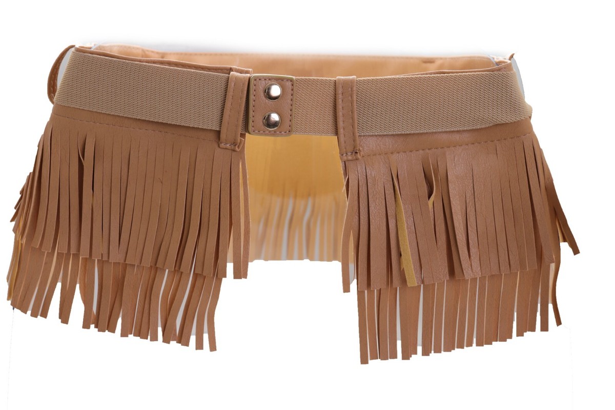 Women Beige Waistband Wrap Around Mini Skirt Tie Belt Gold Metal Plate Fit S M Women Beige Wide Waistband Wrap Around Skirt Tie Fringes  main image 2