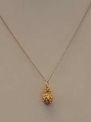 14K YELLOW GOLD DIAMOND CUT 3D HAWAIIAN PINEAPPLE PENDANT 18 INCH NECKLACE SET