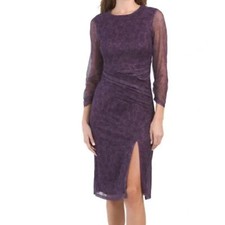 Laundry by Shelli Segal Sheath Dress 12 Purple Floral Slit Sheer Brunch Event