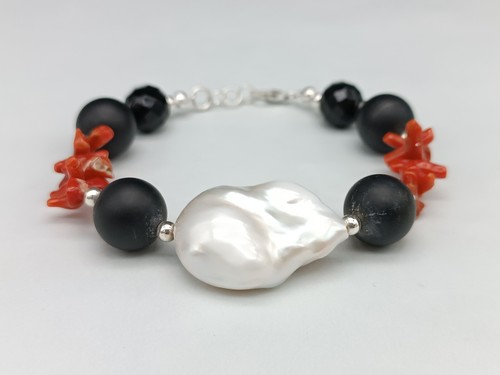 Pulsera Mujer Vero Coral Rojo Grande Perla Akoya Ónix Negro Plata 925 - Imagen 3 de 8