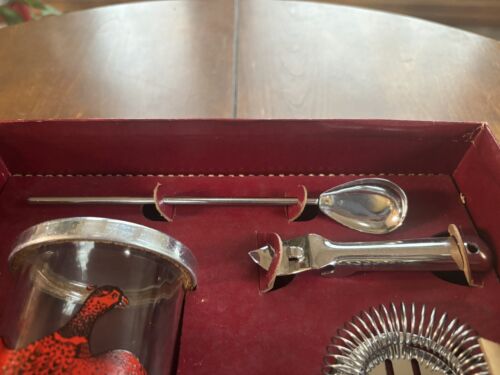 Set da cocktail shaker bar vintage Hazel Atlas fagiano caccia set 7 pezzi NOS! - Foto 5 di 18
