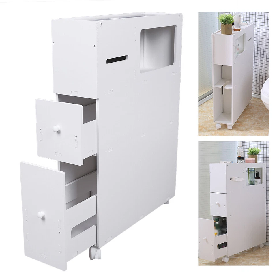Slim Bathroom Storage Cabinet Floor Standing Toilet White Narrow Cupboard Shelf - Image 4 of 4