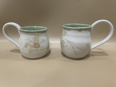 Vintage Pair Green White Floral Handmade Ceramic Mugs Coffee Cups
