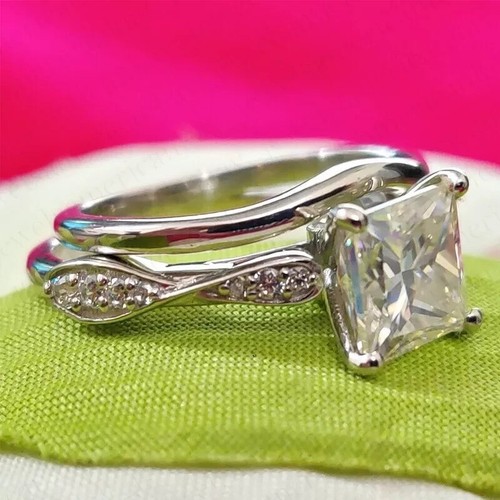 1.99Ctw Princess Cut Moissanite Bridal Set Engagement Ring 14k White Gold Plated - Picture 4 of 6