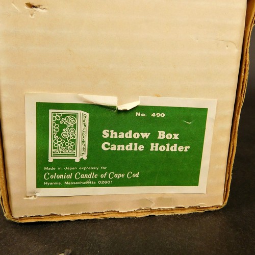 Vintage Shadow Box Candle Holder w/Taper Spiral Candle Metal w/Stained Glass - Picture 2 of 12