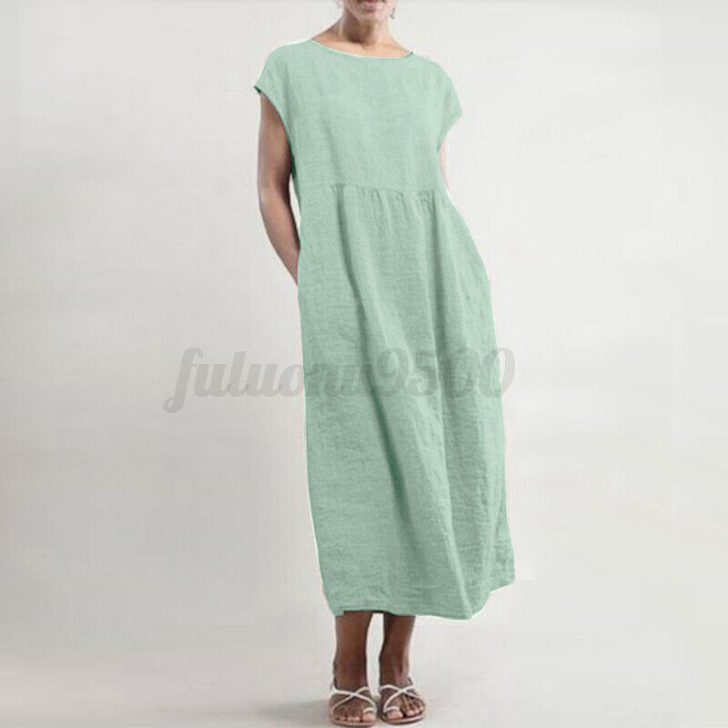 AU STOCK ZANZEA Womens Short Sleeve Midi Sundress Cotton Summer Long ...