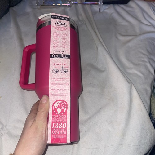 Pink Hydragear 40 oz Hot/Cold Stainless Steel Tumbler Cup W. Heart Lid Topper - Picture 3 of 4