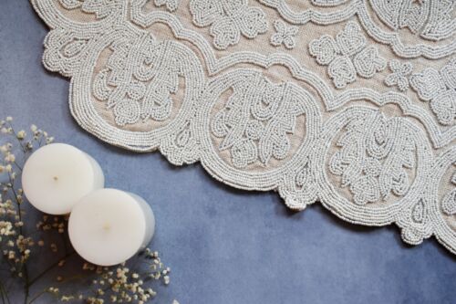 Christmas Beaded Table Runner Designer White Burlap Décor Centerpiece 35x13 In - Picture 7 of 9