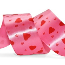 5 Yards Valentine Red Hearts on Pink Satin Valentine's Day Ribbon - 1.5"W