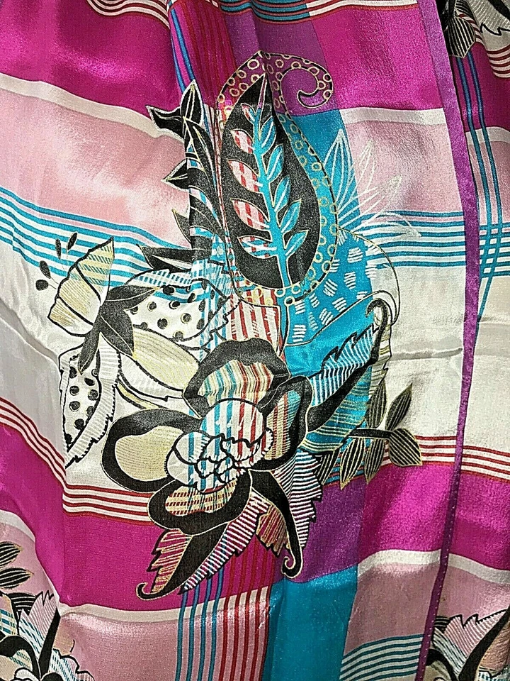 Oscar de la Renta Bufanda Larga de Seda Cuadros Floral Años 80 Magenta Verde azulado Negro COMO NUEVO   Foto 2 de 4