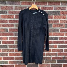 LOFT Black Cable Knit Rhinestone Button Shoulder Long Sleeve Midi Sweater Dress