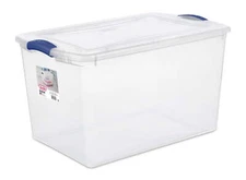 Large 66 Qt Plastic Storage Bin & Latching Lid, Clear & Blue Stackable Organizer