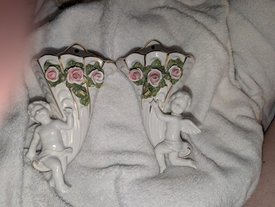 Vintage Pair Of Cherub Wall Pocket Vases White German Porcelain Angel Whimsical 