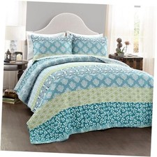Bohemian Stripe Reversible Cotton Quilt Set, 3 Piece Full/Queen Blue  Green