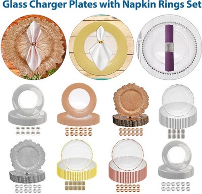 Trimming Shop 13'' Glas-Charger-Plates Mit Serviettenringen Vintage Tischdeko
