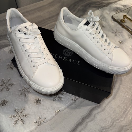 Versace White Lace Up Logo Sneakers Men's Casual Comfort Solid Round Toe Shoes