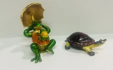 Two Enameled Metal Trinket Boxes Amphibians Anthropomorphic Frog & Turtle