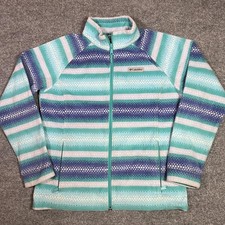 Columbia Fleece Jacket Girls XL 18/20 Teal Purple Striped Zip Pockets Outdoor