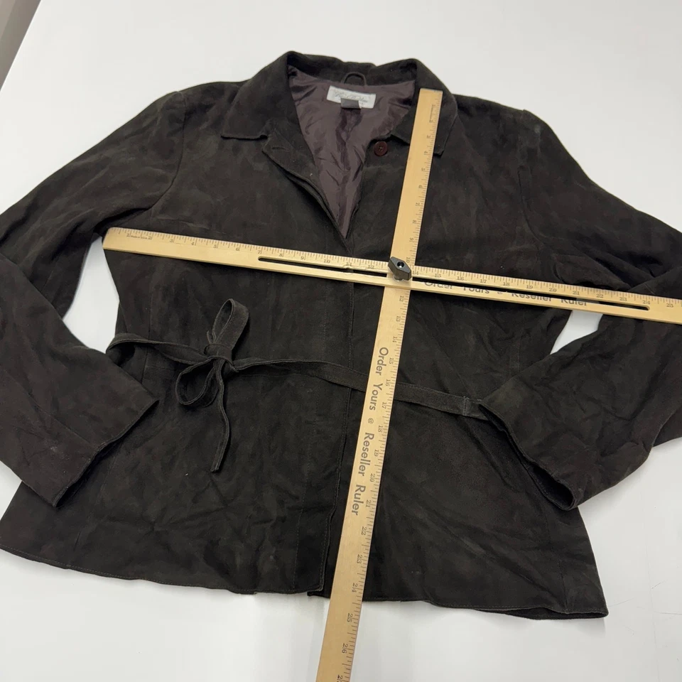 Brooks Brothers Camisa Chaqueta Mujer Grande Marrón Oscuro Gamuza Cuero Atado Abotonado Foto 4 de 4