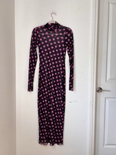 Anthropologie AFRM Black Purple Polka Dot Mesh Midi Dress Women's XS Mock Neck