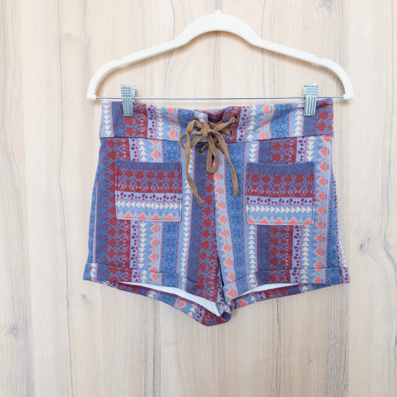 Hollister Womens Lace Up Shorts Small Blue Red Tribal Boho Festival Geometric
