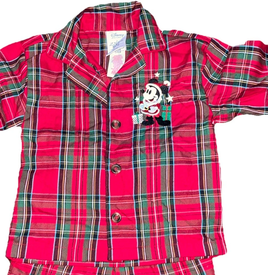 VTG Disney Store Mickey Santa Christmas Red Plaid Flannel Pajama Set 2T - Image 2 of 4