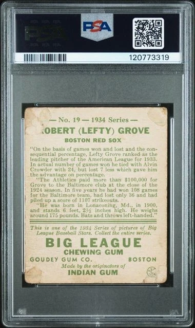 Robert "Lefty" Grove 1934 Goudey #19 - PSA 1 - Hall of Fame Ace - Freshly Graded - Image 2 of 2