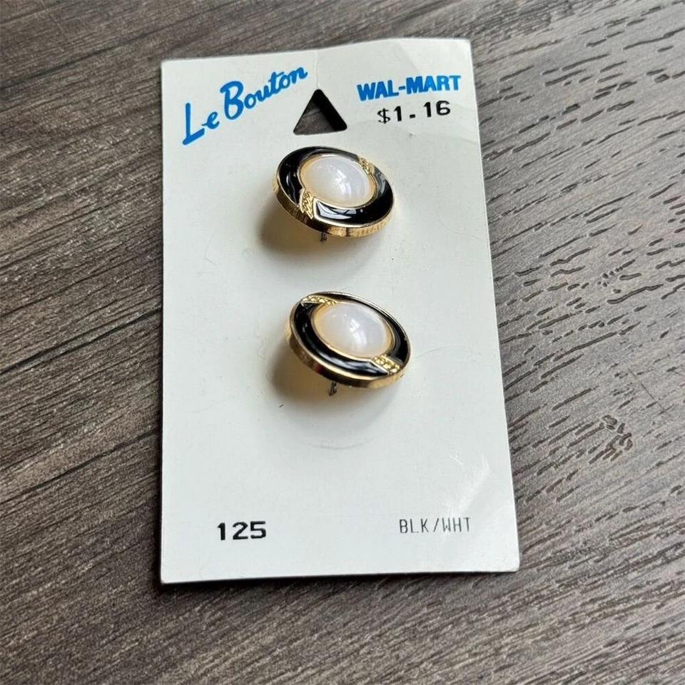 NEW on card Vintage 60s Le Bouton Black White Gold Round Buttons 3/4" 2 Count - Image 2 of 4