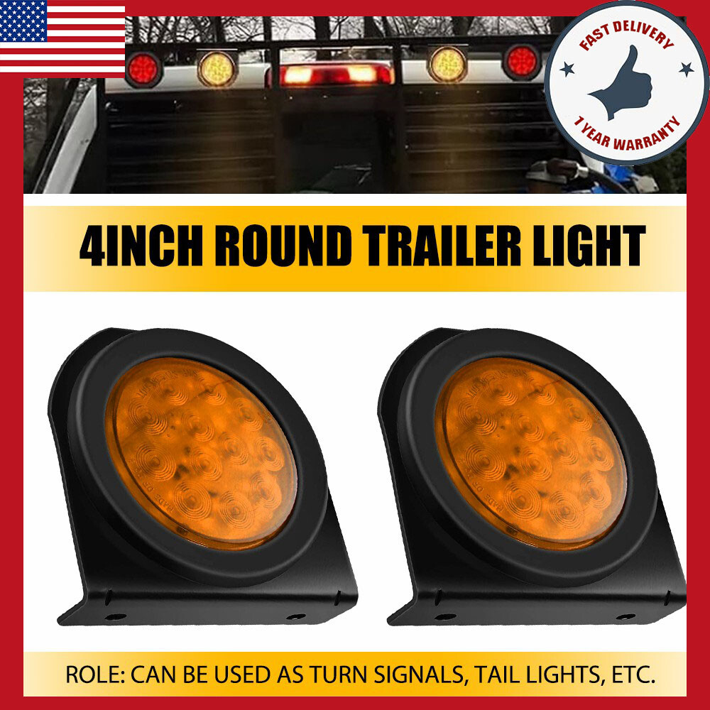 2PCS Amber 4Inch Round LED Trailer Tail Lights with Mounting Bracket