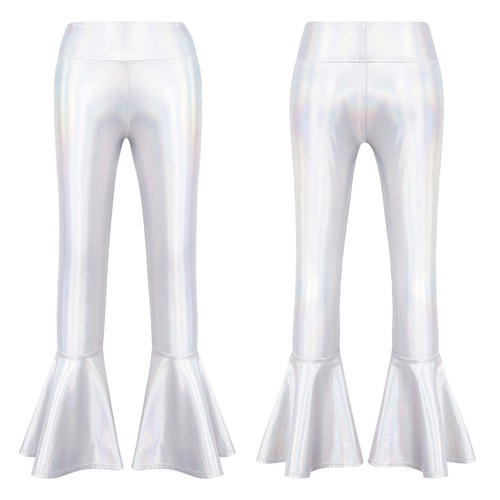 Kid Girls Shiny Leggings Stretch Ruffle Hem Bell-Bottoms Modern Jazz Dance Pants - Picture 7 of 72