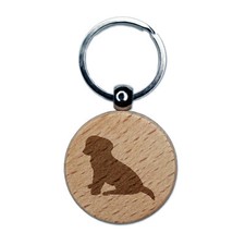 Puppy Dog Sitting Solid Engraved Wood Round Keychain Tag Charm