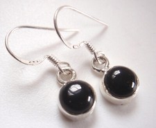 Round Black Onyx 925 Sterling Silver Dangle Earrings Small