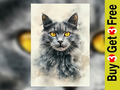 Fluffy Grey Cat 10''x8'' Print on Matte Paper | Striking Yellow-Eyed Pet Painting