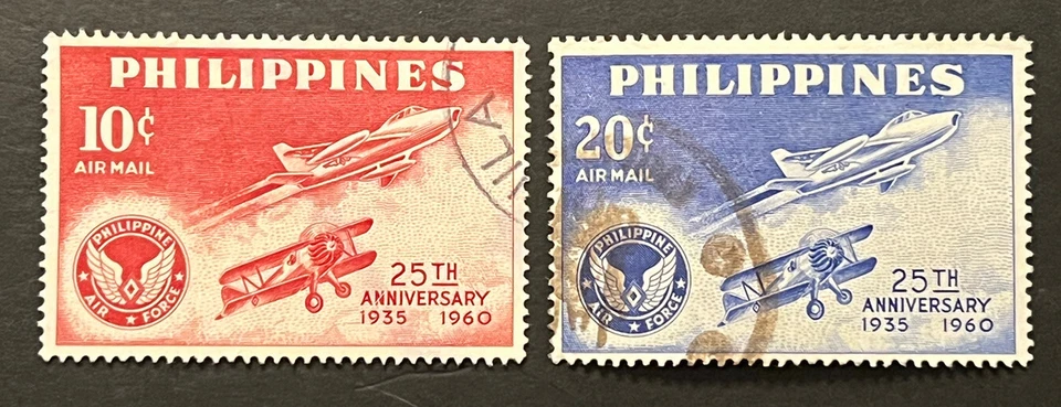Sellos de viaje: estampillas de Filipinas de 1960 Scott #C83-C84 25 aniversario Fuerza Aérea Usado Foto 2 de 4