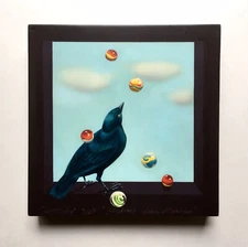 Ginger Fox Magical Realism / Surrealism Painting, Bird & Marbles 2007 Texas 12”