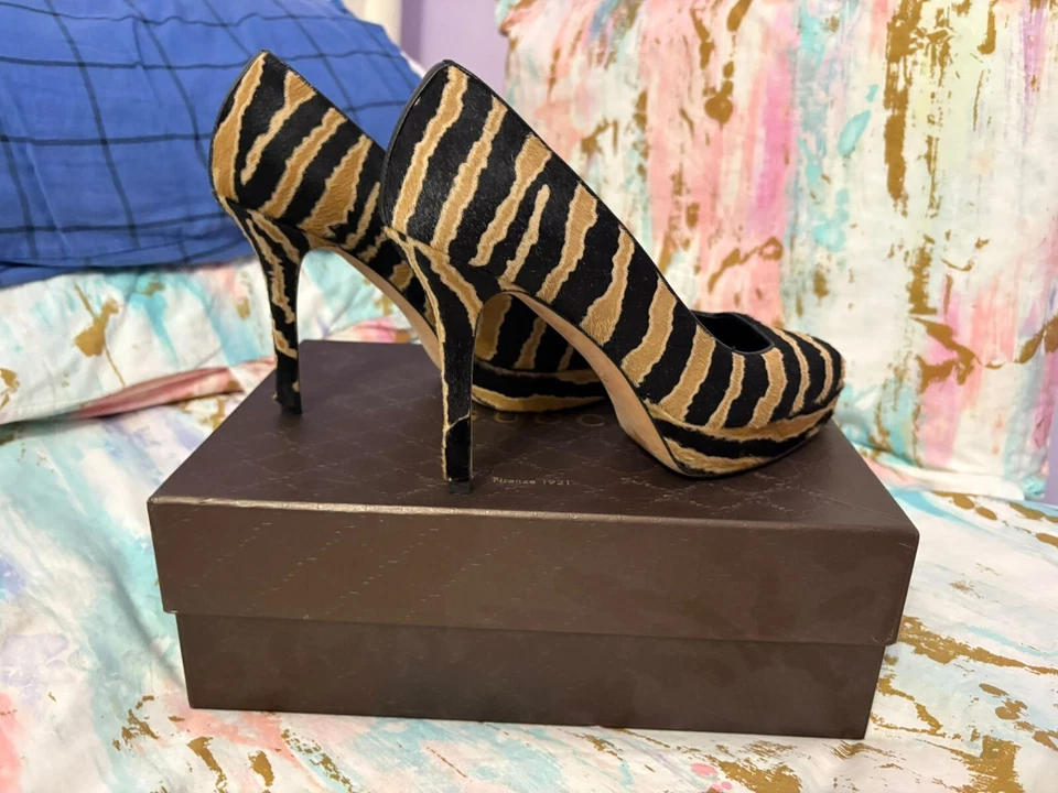 GUCCI Negro Tostado Talla 37 Pelo de Pony Tacones Zapatos Nappa SEXY CEBRA Foto 2 de 4