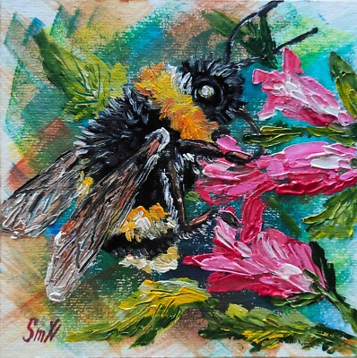 Original Art Bee Texture Oil Painting Meadow Flowers Impressionism Insect 6x6