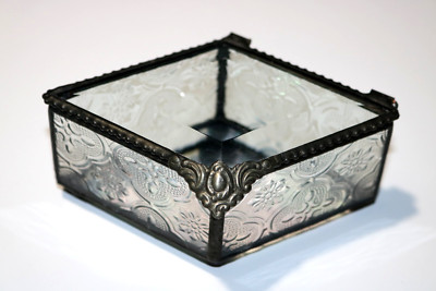 Traingular Shaped Glass Trinket Box with Beveled top Glass and Hinged Lid