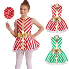 Girls Christmas Striped Tutu Dress Shiny Bow Ballet Dance Leotard Mesh Skirts