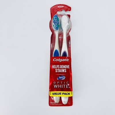 2 Pack Colgate 360 Optic White Toothbrushes Medium Polishing Bristles