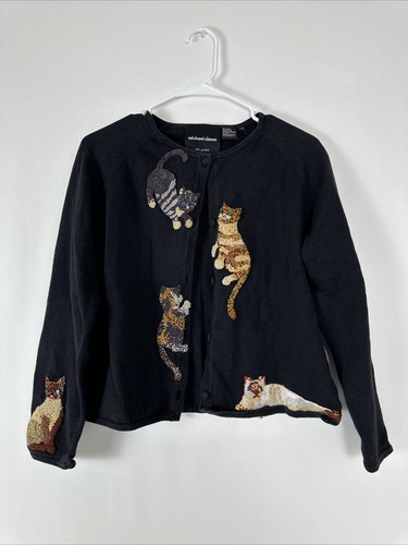 Michael Simon Cats Cardigan Sweater Womens Medium Black Button Closure Vintage - Picture 2 of 24