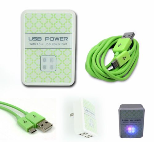 4 USB PORTS WALL ADAPTER+3FT CABLE POWER CHARGER GREEN LG G2 OPTIMUS PRO MOTO G - Afbeelding 1 van 1