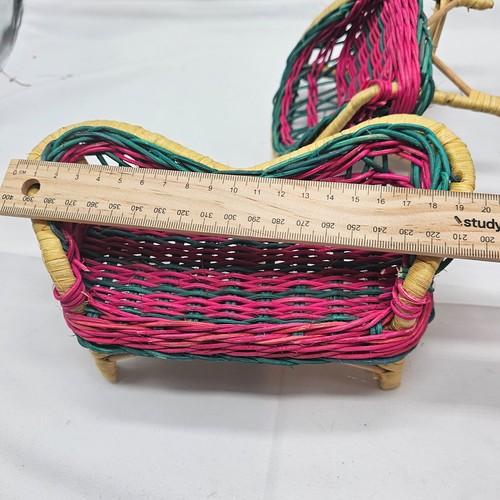 Vintage Doll Barbie Size Wicker Rattan Patio Furniture 3 Piece Set Pink Green - Picture 6 of 9