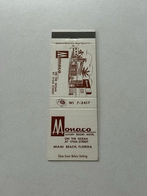 Monaco Luxury Resort Motel Miami Beach Florida Vintage Matchbook Cover 1E