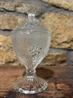 VTG Jeanette Clear Glass Grapes Pattern Pedestal Candy Dish Covered Lid 7.5" H
