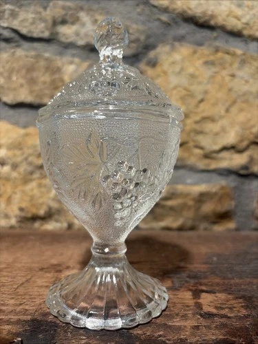 VTG Jeanette Clear Glass Grapes Pattern Pedestal Candy Dish Covered Lid 7.5" H